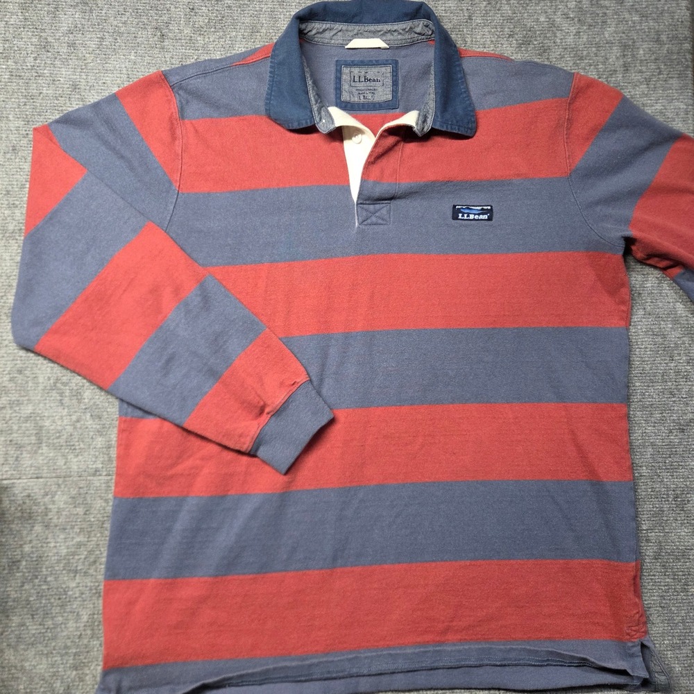 L.L.Bean Rugby Shirt Mens L Tall Red Navy Stripe Long Sleeve Cotton Polo Preppy